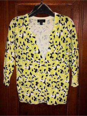 AB Studio Yellow Black White Floral-Spot Button Cardigan